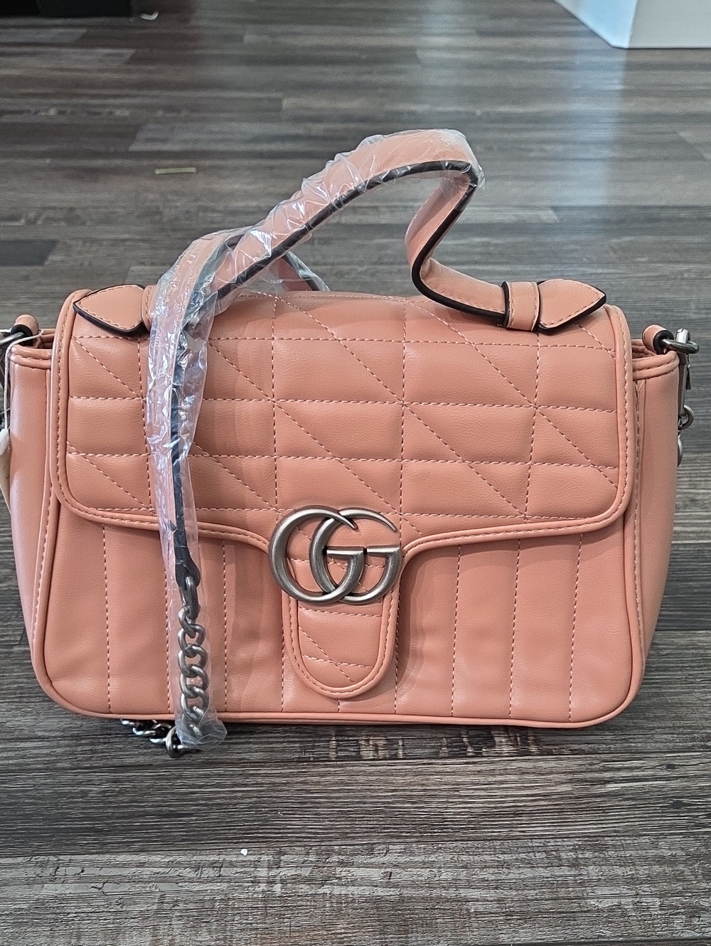 Peach Quilted Shoulder Bag with Silver Hardware
